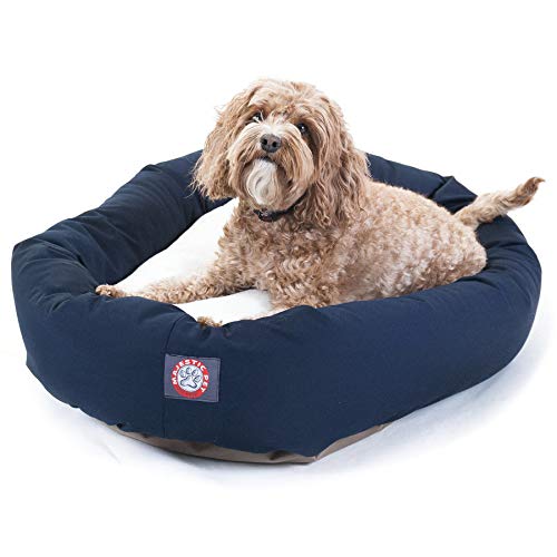 Majestic Pet 32 Inch Poly-Cotton Sherpa Calming Dog Bed Washable 32x18x8 (inch)  Cozy Soft Round Donut Dog Bed with Spine for Head Support - Pet Bed Medium - Blue