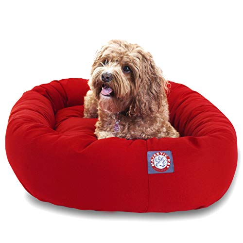 Majestic Pet 32 Inch Bagel Calming Dog Bed Washable  Cozy Soft Round Pet Bed with Spine Support for Dogs to Rest their Head - Fluffy Donut Puppy Bed 32x23x7 (Inch) - Medium  Red