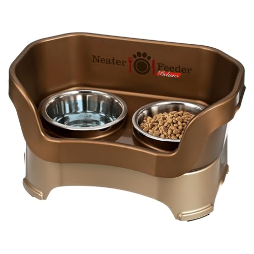 Neater Pet Brands Neater Feeder Deluxe Mess Proof Dog Bowls Elevated for Medium Dogs 19-40 lbs, Made in USA, No Spill Raised Dog Food Bowl Stand Feeding Station, Food and Water Bowl Set, Bronze