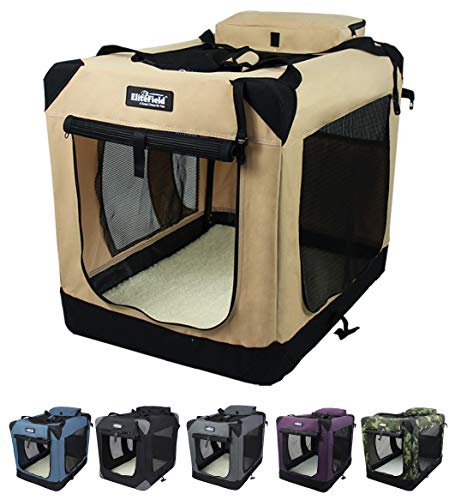 EliteField 3-Door Folding Soft Dog Crate with Carrying Bag and Fleece Bed (2 Year Warranty), Indoor & Outdoor Pet Home (36" L x 24" W x 28" H, Beige)
