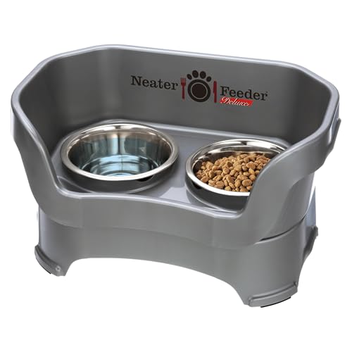 Neater Pet Brands Neater Feeder Deluxe Mess Proof Dog Bowls Elevated for Medium Dogs 19-40 lbs, Made in USA, No Spill Raised Dog Food Bowl Stand Feeding Station, Food and Water Bowl Set, Grey