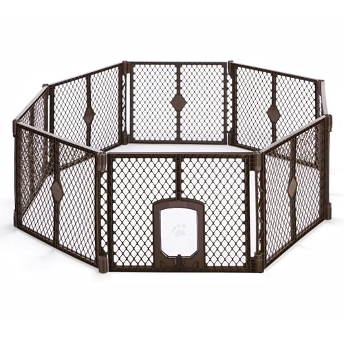 MyPet 8-Panel Petyard Passage: 6.5 ft. Wide 26 in. Tall Brown Freestanding Customizable Folding Pet Enclosure with Lockable Pet Door; Indoor/Outdoor Puppy Playpen Made in USA