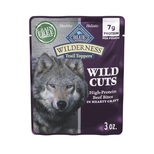 Blue Buffalo Wilderness Trail Toppers Wild Cuts Wet Dog Food, High-Protein & Grain-Free, Made with Natural Ingredients, Chunky Beef Bites in Hearty Gravy, 3-oz. Pouches, (24 Count)