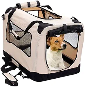 2PET Foldable Dog Crate - Soft, Easy to Fold & Carry Dog Crate for Indoor & Outdoor Use - Comfy Dog Home & Dog Travel Crate - Strong Steel Frame, Washable Fabric Cover, Frontal Zipper Medium Beige