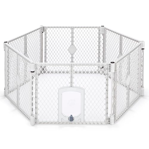 MyPet Petyard Passage: 5.5 Ft. Wide Customizable Folding Dog Playpen with Passage Flap-Door for Indoor/Outdoor. Made in USA. 6-Panel Puppy Playpen. Freestanding Play Pen Dog Gate 26" Tall, Light Gray