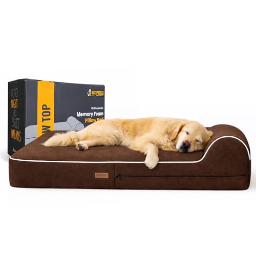 KOPEKS Orthopedic Memory Foam Dog Bed 7" Inch Thick Extra Large Dog Bed With Pillow Brown 50"x34"x10" Includes Waterproof Liner & Durable Removable Cover With Smart Design
