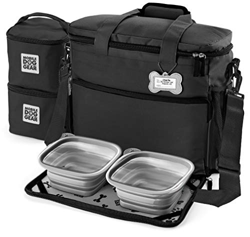Mobile Dog Gear Week Away Dog Travel Bag (15"x7"x14", Black) - Includes 2 Pet Food Storage Containers + 2 Collapsible Dog Water Bowls - Airline Approved Dog Travel Accessories, Great for Weekend Trips
