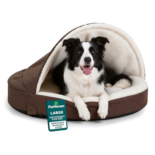 Furhaven 35" Round Orthopedic Dog Bed for Large/Medium Dogs w/ Removable Washable Cover, For Dogs Up to 50 lbs - Sherpa & Suede Snuggery - Espresso, 35-inch