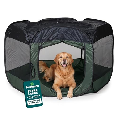 Furhaven Portable Dog Playpen Cat Tent, Pet playground/kennel foldable indoor outdoor zippered puppy crate - Hunter Green, Extra Large