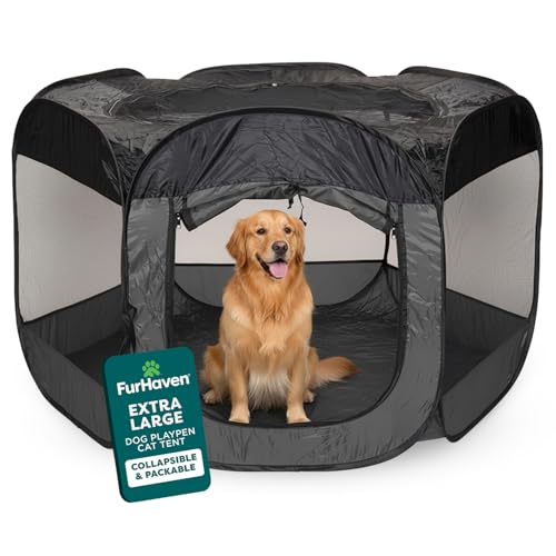 FurHaven Portable Pet Playpen for Dogs & Cats, Extra Large Indoor Kitten Playpen with Mesh Sides, Foldable Dog Playpen for Small Dogs, Pop Up Travel Dog Pen, X-Large, Pet Crate with Mesh Sides, Gray
