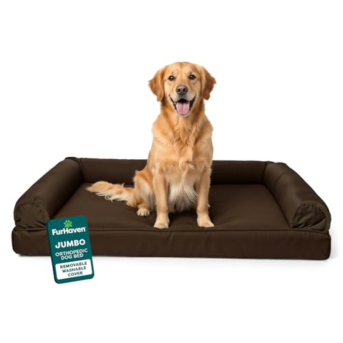 Furhaven Orthopedic Dog Bed for Large Dogs w/ Removable Bolsters & Washable Cover, For Dogs Up to 95 lbs - Plush & Suede Sofa - Espresso, Jumbo/XL