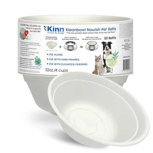 Kinn Kleanbowl Disposable Dog Food Bowls, 32 oz (Pack of 50) - Frame System Refills, Use for Travel, Boarding, or Crate, Compostable Pet Travel Bowl, No Plastic, Leakproof, Portable Dog Dish
