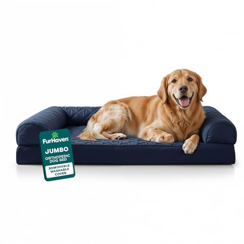 Furhaven Orthopedic Dog Bed for Large Dogs w/ Removable Bolsters & Washable Cover, For Dogs Up to 95 lbs - Quilted Sofa - Navy (Blue), Jumbo/XL