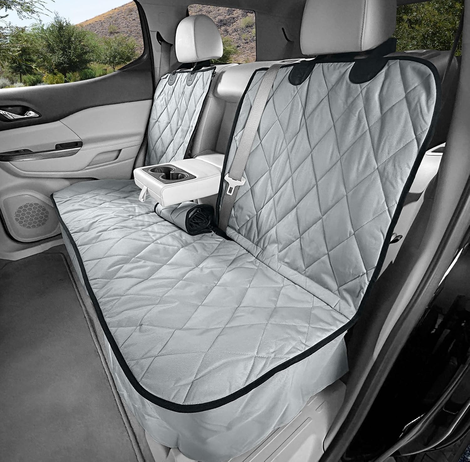 4Knines Dog Seat Cover for Back Seat, Heavy Duty Waterproof Rear Seat Protector for Large Trucks, SUVs, Cars - Fits 60/40 Split Bench with Middle Seat Belt, Non-Slip Backseat Cover (Extra Large, Grey)