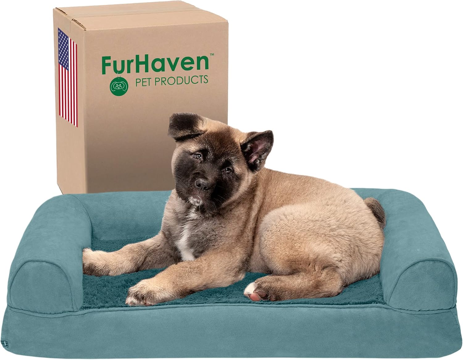 Furhaven Memory Foam Dog Bed for Medium/Small Dogs w/ Removable Bolsters & Washable Cover, For Dogs Up to 35 lbs - Plush & Suede Sofa - Deep Pool, Medium