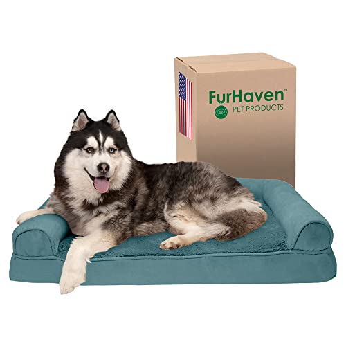 Furhaven Memory Foam Dog Bed for Large Dogs w/ Removable Bolsters & Washable Cover, For Dogs Up to 95 lbs - Plush & Suede Sofa - Deep Pool, Jumbo/XL
