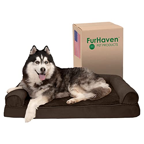 Furhaven Memory Foam Dog Bed for Large Dogs w/ Removable Bolsters & Washable Cover, For Dogs Up to 95 lbs - Plush & Suede Sofa - Espresso, Jumbo/XL
