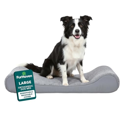 Furhaven Orthopedic Dog Bed for Large/Medium Dogs w/ Removable Washable Cover, For Dogs Up to 38 lbs - Ultra Plush Faux Fur & Suede Luxe Lounger Contour Mattress - Gray, Large