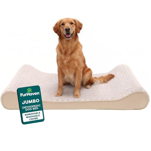 Furhaven Orthopedic Dog Bed for Large Dogs w/ Removable Washable Cover, For Dogs Up to 75 lbs - Ultra Plush Faux Fur & Suede Luxe Lounger Contour Mattress - Cream, Jumbo/XL