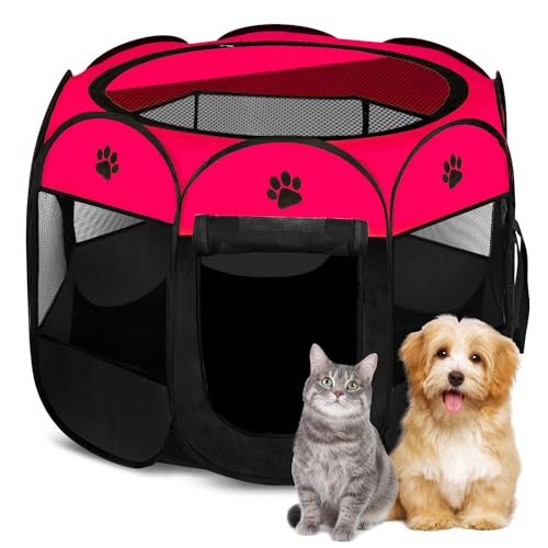 Pet Dog Puppy Playpen Dog Cat Tent Crates, Foldable Exercise Kennel Portable Playpen for Small Medium Dogs/Cats/Rabbits, Indoor Outdoor Travel Camping Use with Removable Zipper Top Red