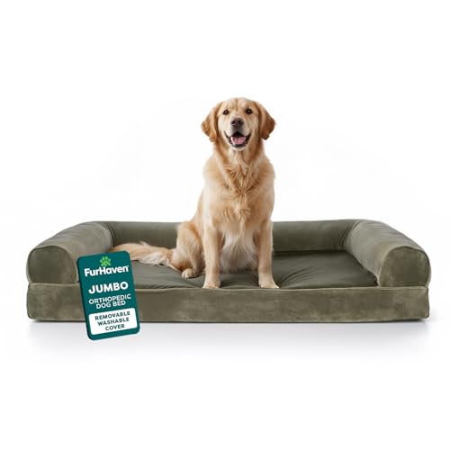 Furhaven Orthopedic Dog Bed for Large Dogs w/ Removable Bolsters & Washable Cover, For Dogs Up to 95 lbs - Faux Fur & Velvet Sofa - Dark Sage, Jumbo/XL