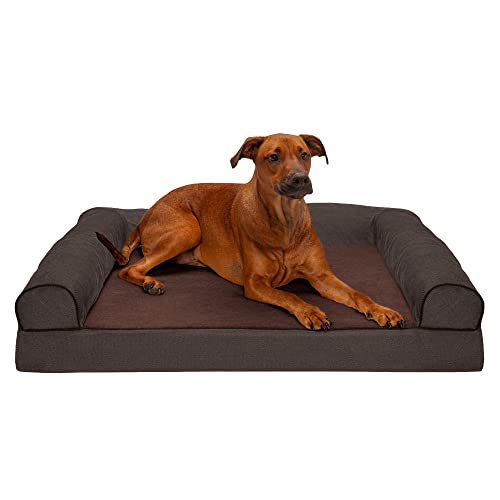 Furhaven Orthopedic Dog Bed for Large Dogs w/ Removable Bolsters & Washable Cover, For Dogs Up to 95 lbs - Sherpa & Chenille Sofa - Coffee, Jumbo/XL