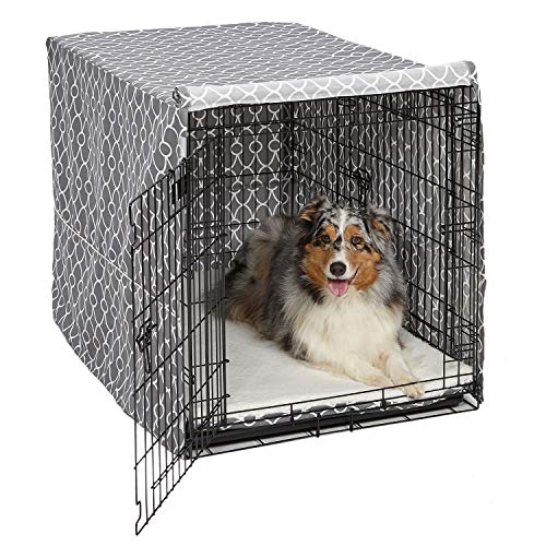 MidWest Homes for Pets Large Dog Crate Cover with Teflon Fabric Protector, Poly-Cotton Privacy Kennel Cover Fits Most 42-inch Crates, Gray Designer Print, Washable, Reduces Barking, CVR42T-GY