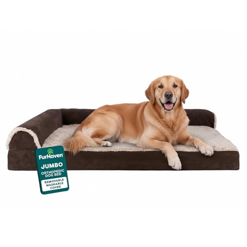 FurHaven Orthopedic Dog Bed for Large Dogs, L-Shaped Chaise Contour Mattress with Egg Crate Orthopedic Memory Foam for Joint Support, Removable Washable Cover, Jumbo/XL, Faux Fur & Suede, Espresso