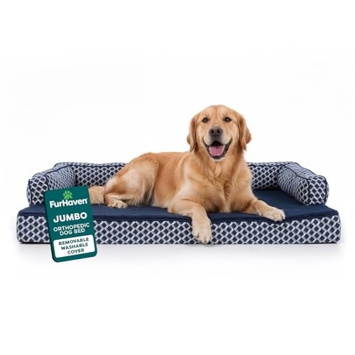 Furhaven Orthopedic Dog Bed for Large Dogs w/ Removable Bolsters & Washable Cover, For Dogs Up to 95 lbs - Plush & Woven Decor Comfy Couch Sofa - Diamond Blue, Jumbo/XL