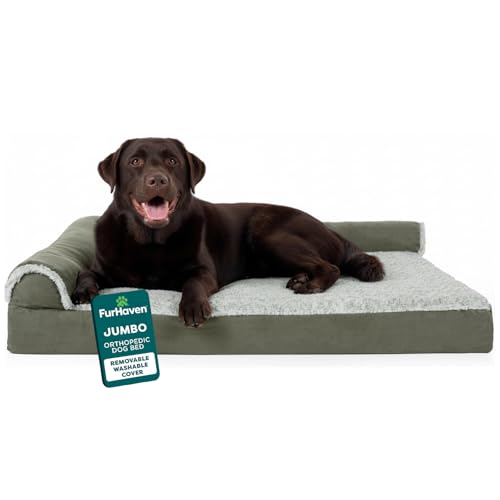 Furhaven Orthopedic Dog Bed for Large Dogs w/ Removable Bolsters & Washable Cover, For Dogs Up to 95 lbs - Two-Tone Plush Faux Fur & Suede L Shaped Chaise - Dark Sage, Jumbo/XL