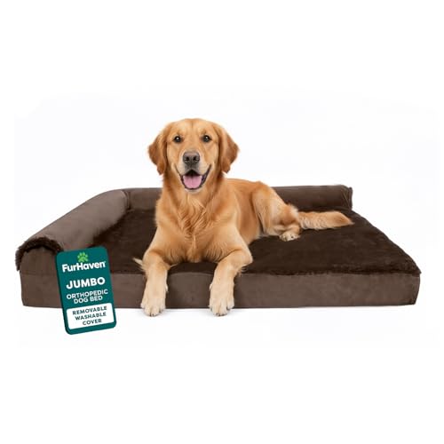 Furhaven Orthopedic Dog Bed for Large Dogs w/ Removable Bolsters & Washable Cover, For Dogs Up to 95 lbs - Plush & Velvet L Shaped Chaise - Sable Brown, Jumbo/XL
