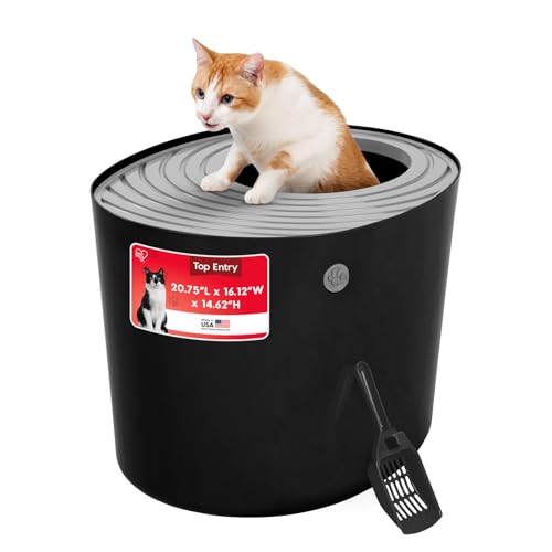 IRIS USA Cat Litter Box, Large Top Entry with Litter Catching Lid and Scoop, Dog Proof, Cat Box Enclosure, Black/Gray