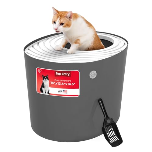 IRIS USA Cat Litter Box, Large Top Entry with Litter Catching Lid and Scoop, Dog Proof, Cat Box Enclosure, Dark Gray/White