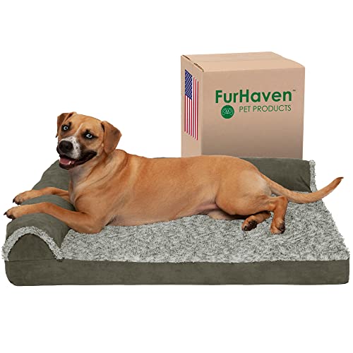 Furhaven Cooling Gel Dog Bed for Large/Medium Dogs w/ Removable Bolsters & Washable Cover, For Dogs Up to 55 lbs - Two-Tone Plush Faux Fur & Suede L Shaped Chaise - Dark Sage, Large