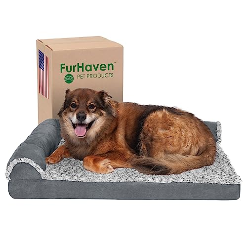 Furhaven Memory Foam Dog Bed for Large/Medium Dogs w/ Removable Bolsters & Washable Cover, For Dogs Up to 55 lbs - Two-Tone Plush Faux Fur & Suede L Shaped Chaise - Stone Gray, Large