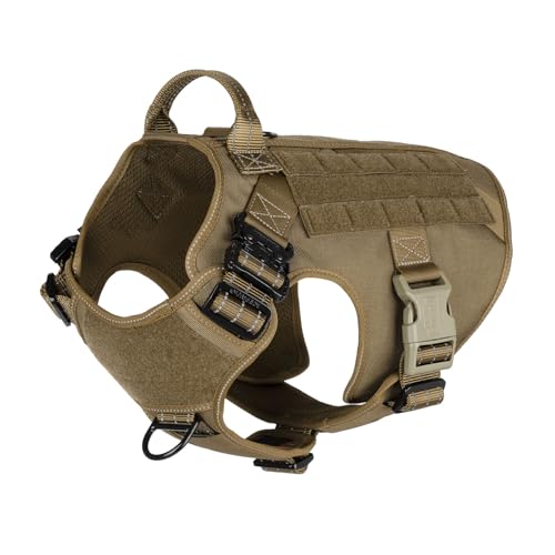 ICEFANG Tactical Dog Harness, Large Size,2X Metal Buckle,Working Dog MOLLE Vest with Handle,No Pulling Front Leash Clip,Hook and Loop Panel (Brown,L (Pack of 1))