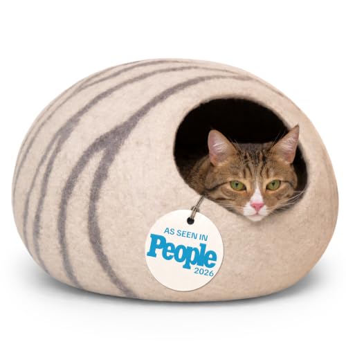 MEOWFIA Cat Cave  Premium Felt Cat Bed for Indoor Cats, Handmade 100% Merino Wool (Light Grey, Medium)