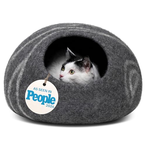 MEOWFIA Cat Cave  Premium Felt Cat Bed for Indoor Cats, Handmade 100% Merino Wool (Medium, Dark Grey)