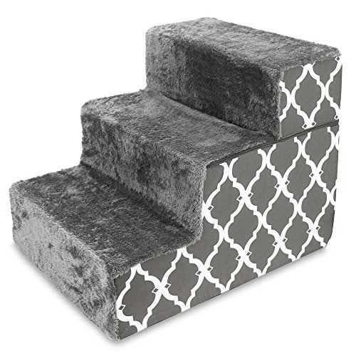 Best Pet Supplies Foldable Foam Pet Steps for Small Dogs & Cats, Portable Ramp Stairs for Couch, Sofa & High Bed Climbing, Non-Slip Balanced Step Support, Paw Safe - Gray Lattice, 3-Step (H: 16.5")