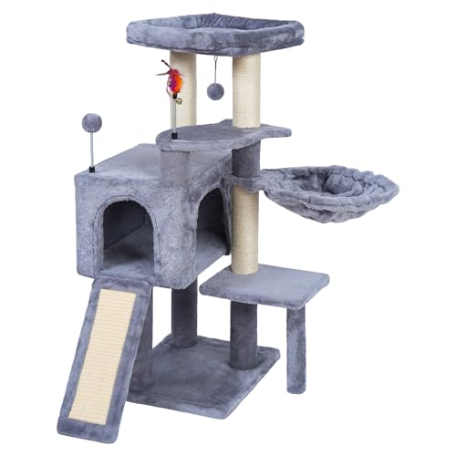 35.4'' Multifunction Cat Tree with Cozy Hammock & Hanging Ball, Cat Tower with Activity Cat Condo & Jute-Covered Scratching Posts, Grey