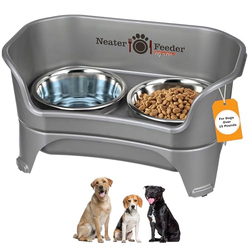 Neater Feeder Express Mess Proof Dog Bowls Elevated for Medium to Large Sized Breed, No Spill Raised Dog Food Bowl Stand, Stainless Steel Food and Water Bowl Set, Grey