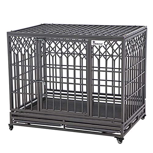 SMONTER 42" Heavy Duty Dog Crate Strong Metal Pet Kennel Playpen with Two Prevent Escape Lock, Large Dogs Cage with Wheels, Y Shape, Dark Silver ... ...