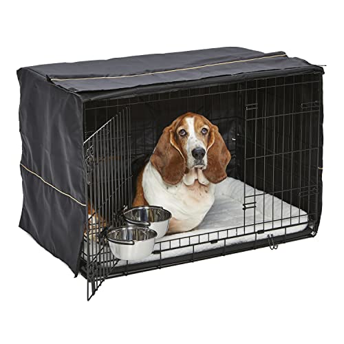 MidWest Homes for Pets Intermediate Double Door iCrate Starter Kit, 36-inch Dog Crate Bundle for Medium to Large Breeds, Includes Cage, Pet Bed, 2 Bowls and Privacy Cover