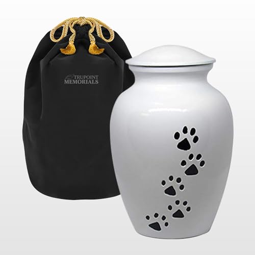 Trupoint Memorials Large Pet Urn for Dogs and Cats Ashes, Paws Print White Cremation Urns for Pets up to 122 lbs