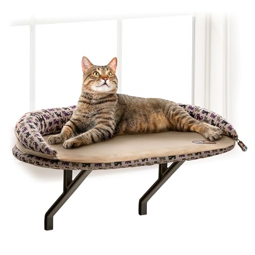 K&H Pet Products Bolster Kitty Sill Cat Window Perch Bed for Large Cats, Orthopedic Window Hammock Holds 40 lbs, Washable Cover, Indoor Windowsill Furniture Bed Seat - Tan/Kitty Unheated 14 X 24in