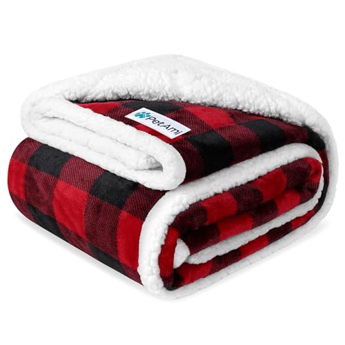 PetAmi Waterproof Dog Blanket for Medium Large XL Dog Puppy Cat Throw for Couch Cover Leakproof Protection, Sherpa Fleece, Reversible Soft Washable 80x60 Checker Plaid Red