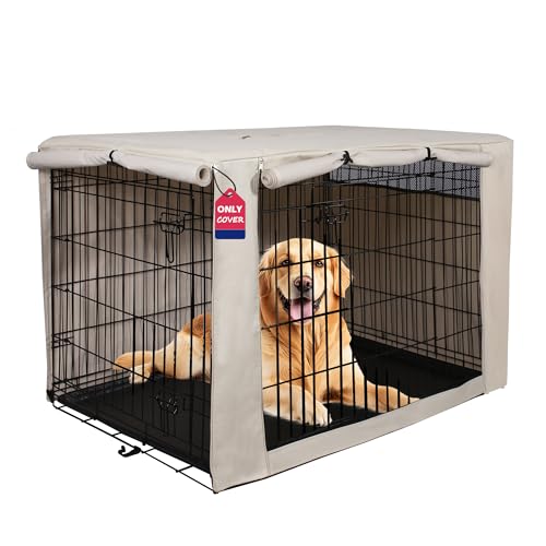 HiCaptain Dog Crate Cover 48.0" L x 30.0" W x 33.0" H with Breathable Mesh, Durable Heavy Duty Kennel Cover, Dual Zippered Panels, Windproof Waterproof UV-Resistant(Beige)