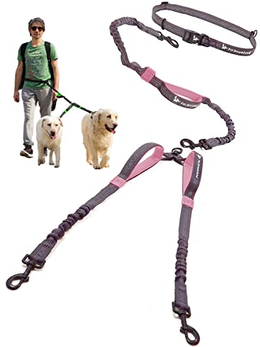Pet Dreamland Exquisite Hands Free Dual Dog Leash for Large Dogs. Trending Waist Leash for Walking 2 Dogs No Tangle. You Will Absolutely Love This Amazing Double Dog Gear (Dark Grey & Pink)