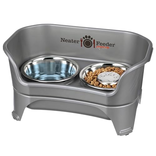 Neater Feeder - Express Model w/ Slow Feed Bowl - Mess-Proof Dog Bowls (M/L, Grey) Made in USA Elevated, No Spill, Non-Tip, Non-Slip, Raised Stainless Steel Food/Water Pet Bowls Aid Digestion