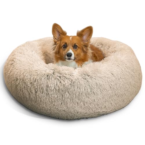 Best Friends by Sheri Original Calming Donut Dog and Cat Bed, Shag Faux Fur, Taupe, (30in x 30in) - Anxiety Relief for Pets Up to 45 lbs